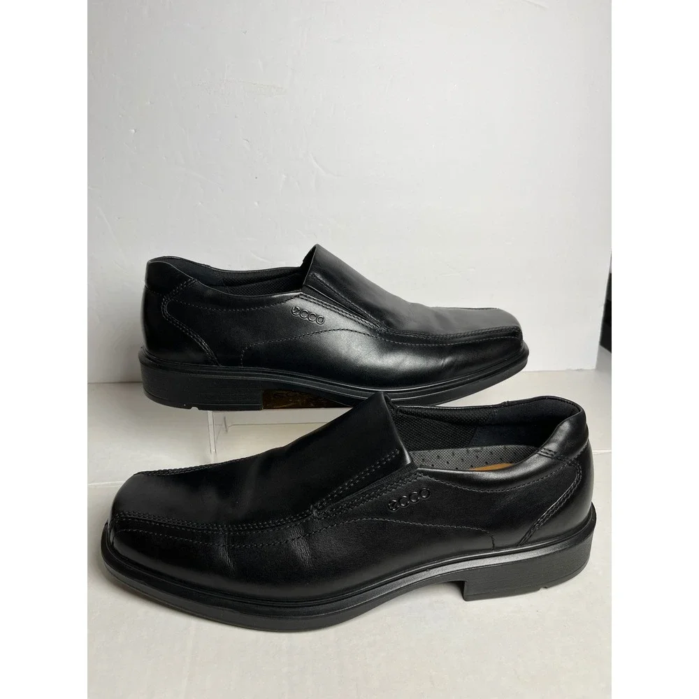ECCO Helsinki Mens Black Leather Slip On Loafers Square Toe Dress Shoes